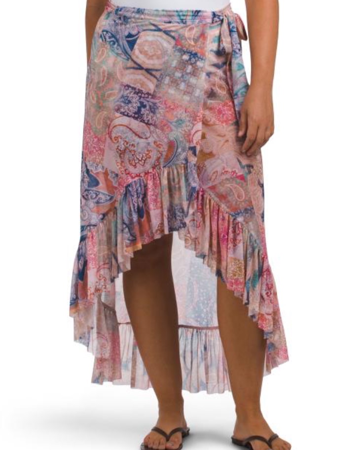 Profile By Gottex Pink Multi Print High-Low Ruffle Wrap Skirt